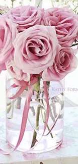 Elegant pink roses in a vase wallpaper with a soft, romantic touch.