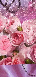 Pink rose bouquet with sparkling accents on a satin background.