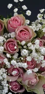 Pink roses with baby's breath bouquet mobile wallpaper.