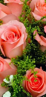 Pink rose bouquet with lush greenery wallpaper.