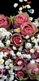 Mobile wallpaper of a pink rose bouquet with white baby breath flowers.