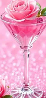 Elegant pink rose cocktail glass art with sparkling background.