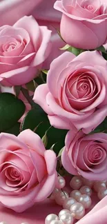 Mobile wallpaper featuring elegant pink roses and pearls.