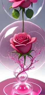 Pink rose encased in a glowing orb against elegant background.