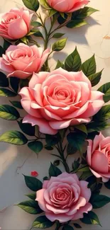 Beautiful pink roses with lush green leaves creating a stunning floral wallpaper.