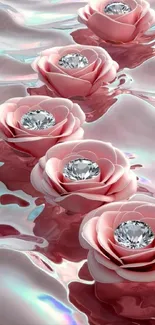 Pink roses with gem centers on iridescent water.