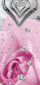 Pink rose wallpaper with heart and diamond design for mobile.