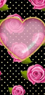 Heart-shaped pink rose design on black background.