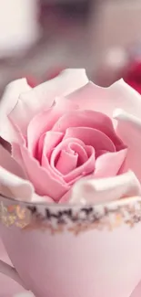 Delicate pink rose in an ornate teacup.