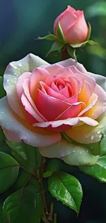 Close-up of a beautiful pink rose with dewdrops, surrounded by green leaves.
