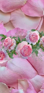 Elegant wallpaper with pink rose petals and roses.