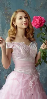 Woman in pink dress holding a rose against a blue background.