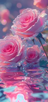 Elegant pink roses with reflections in water.
