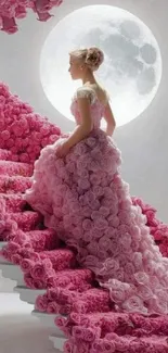 Woman in pink rose dress on floral staircase under moon.