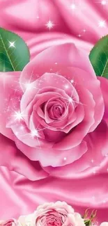 A beautiful pink rose with sparkling petals and green leaves on a mobile wallpaper.