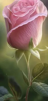 Elegant pink rose with green leaves.