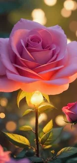 Elegant glowing pink rose with green leaves and bokeh lights.