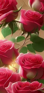 Beautiful pink rose mobile wallpaper with green leaves.