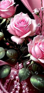 Elegant pink roses with dewdrops and green leaves on a dark background.