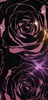 Elegant pink rose pattern on dark background with sparkles.