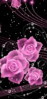 Elegant mobile wallpaper with pink roses and glowing accents on a black background.