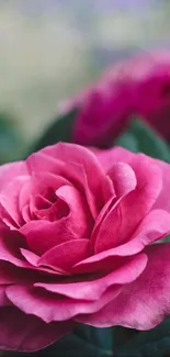 Close-up of a vibrant pink rose with green leaves in soft focus.