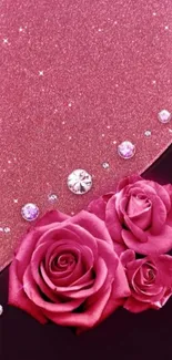 Pink roses and glittering design with diamond accents for mobile wallpaper.