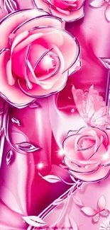 Pink rose wallpaper with butterflies and floral design.