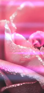 Close-up of a pink rose with dewdrops on petals.