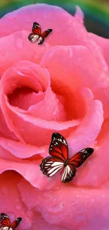 Pink rose and butterflies wallpaper, perfect for nature lovers.