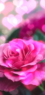 Close-up of a pink rose with green leaves in a natural setting.