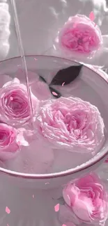 Pink roses in a cup on soft white sheets