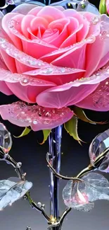 Intricate pink rose with crystal accents on a sleek design.