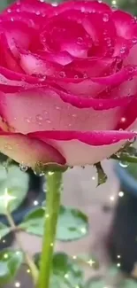 Close-up of a beautiful pink rose with dewdrops.