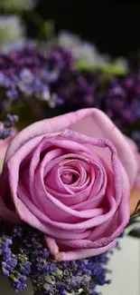 Elegant pink rose with purple flowers as mobile wallpaper.