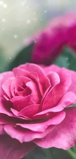 Pink rose with green leaves and light sparkles.