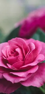 Vibrant pink rose with lush green leaves in a soft focused background.