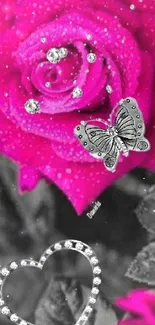 Pink rose with jewels and butterfly in grayscale background.