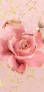 Elegant pink rose with gold stars on mobile wallpaper background.