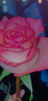 A close-up of a vibrant pink rose with a dark background.