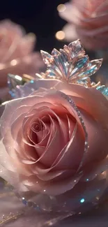 Elegant pink rose with crystal accent on mobile wallpaper.