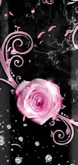 Pink rose on dark marble wallpaper with elegant swirls.