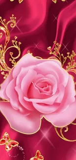 Stunning pink rose on crimson silk with gold accents.