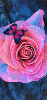 Vibrant pink rose with butterfly and blue lace background.