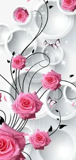 Elegant pink rose with butterflies and circles