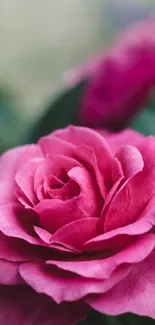 Close-up of a vibrant pink rose with detailed petals against a natural background.