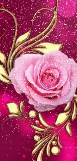 Elegant pink rose with golden floral accents on magenta background.