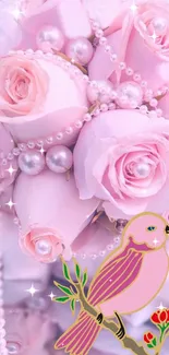 Pink roses and pearls with a bird illustration.