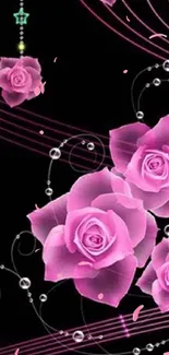 Pink roses with vibrant floral design on black background.