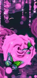 Pink rose wallpaper with butterflies and sparkling effects.